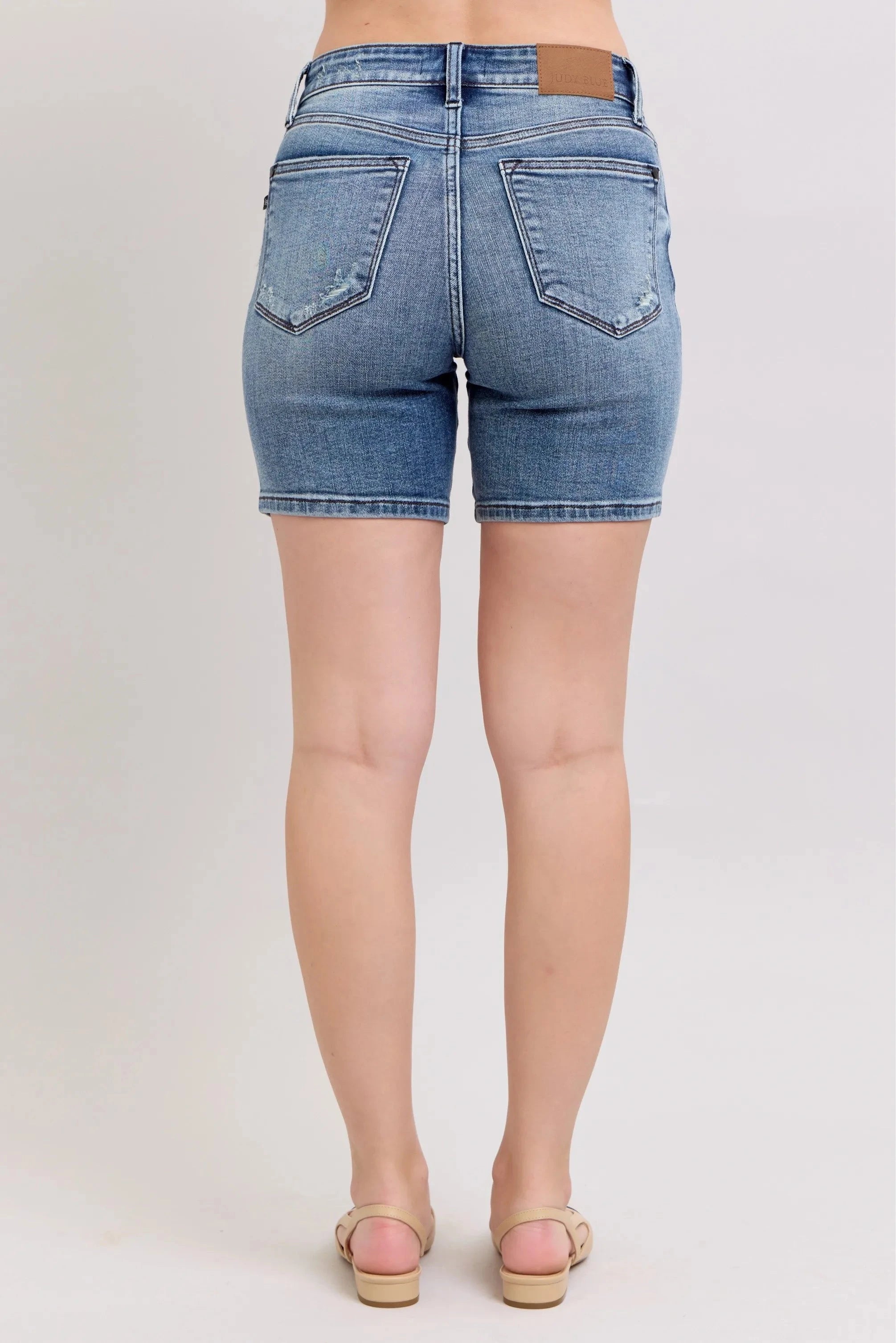 Judy Blue Button Fly Mid Length Denim Shorts W/ Destroy Coco’s Tee Boutique