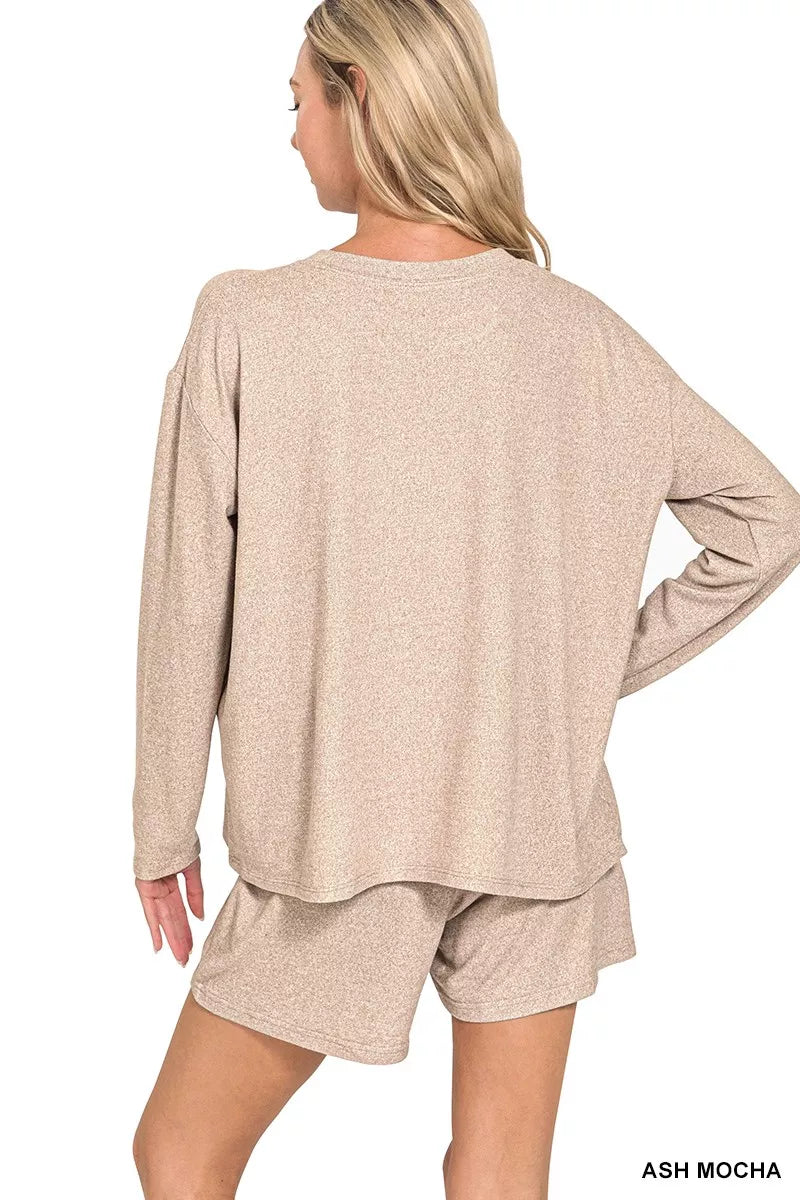 Zenana Soft Melange Long Sleeve Tee and Shorts Set Simply Love