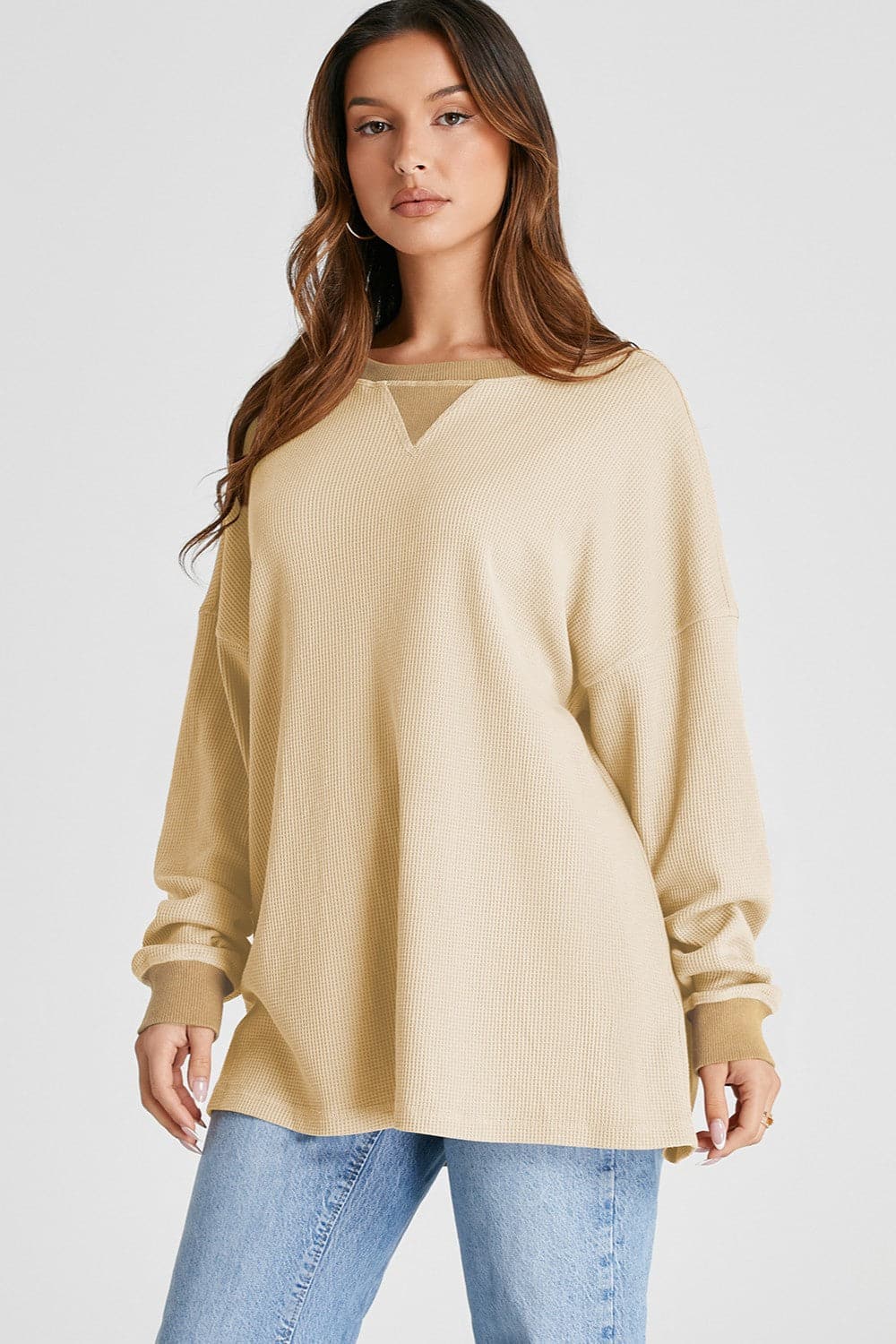 Waffle-Knit Long Sleeve Sweatshirt.