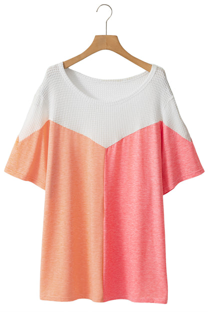 Chic white plus size colorblock waffle knit top