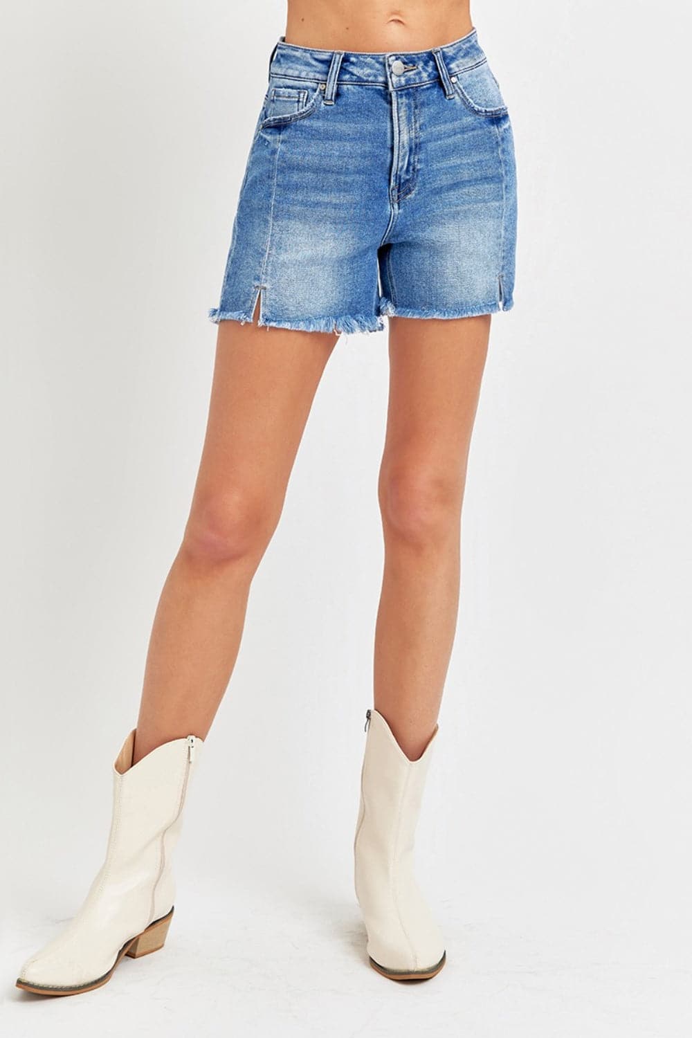 RISEN Front Slit Raw Hem Denim Shorts.