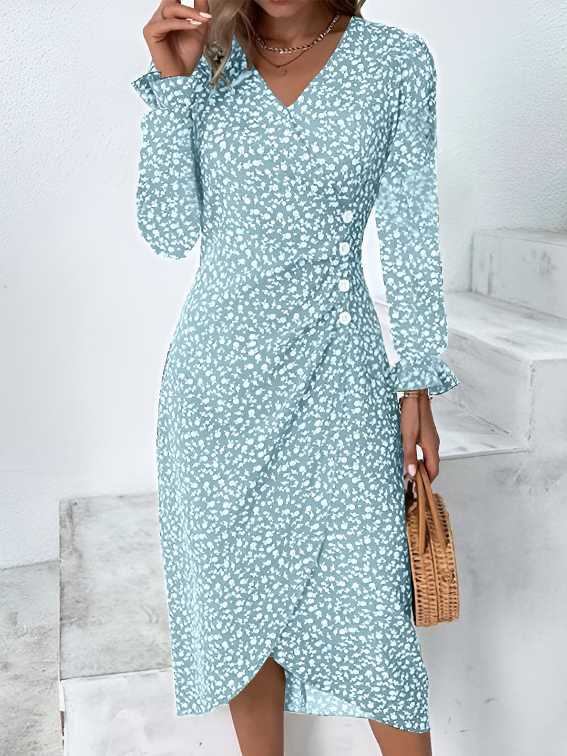 Full Size Printed Surplice Long Sleeve Midi Dress.