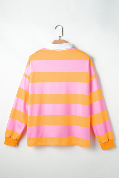 Yellow Stripe Color Block Polo Collar Sweatshirt