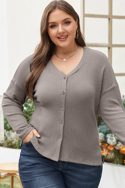 Cozy taupe waffle knit plus size V-neck top with button details