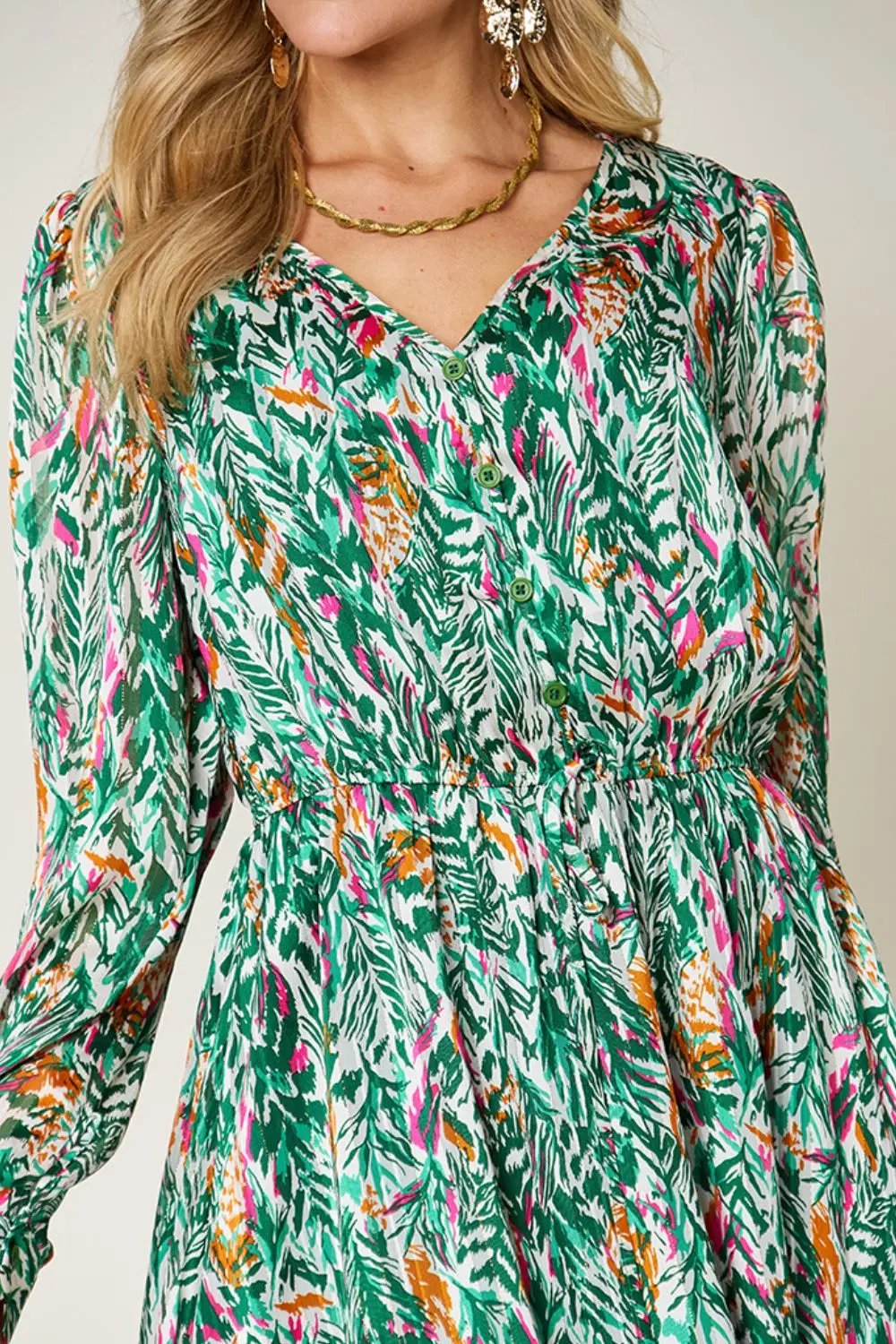 Double Take Full Size Printed Drawstring Waist Long Sleeve Dress - Love Salve