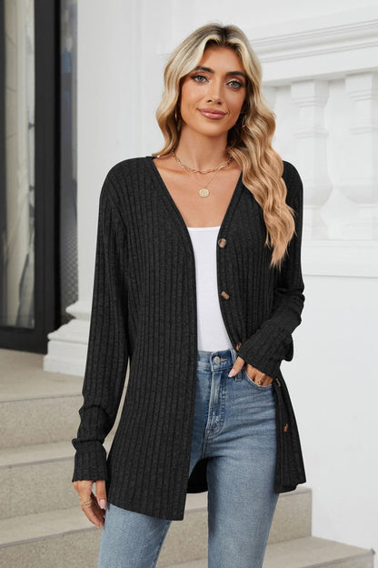 Ribbed Button Up Long Sleeve Cardigan.