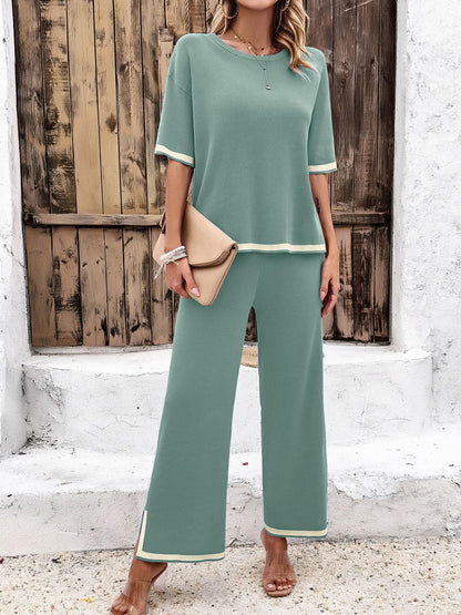 Elegant Contrast Trim Two-Piece Round Neck Set with Slit Detail