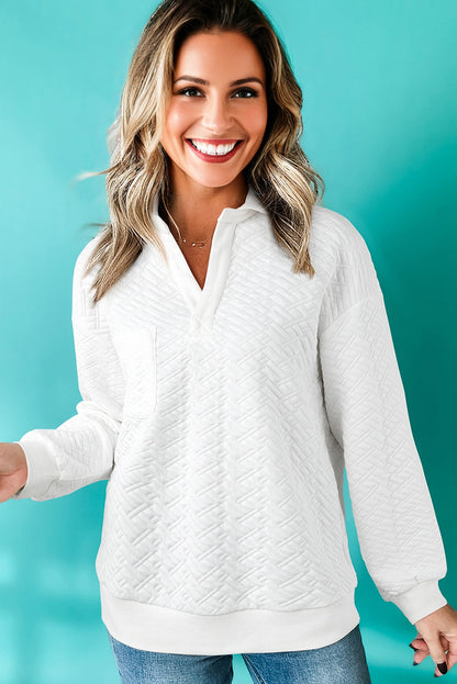 Premium White Textured Pocketed Collared V Neck Pullover Sweatshirt