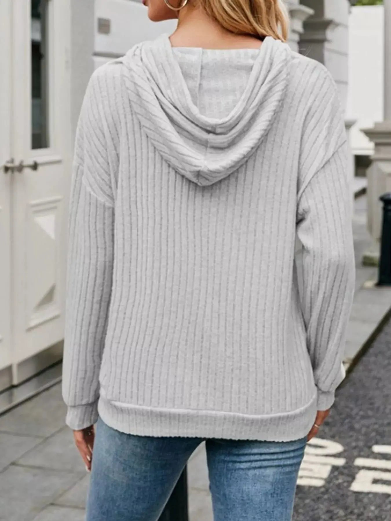 Casual Ribbed Knit Hoodie With Drawstring Front Pocket Simply Love