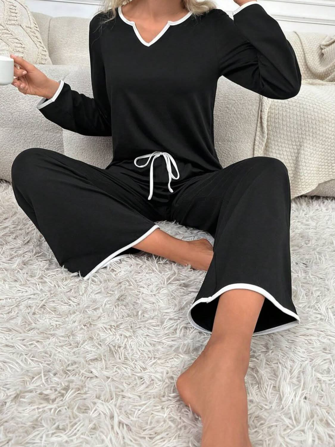 Notched Collar Long Sleeve Lounge Set with Contrast Trim and Drawstring Pants