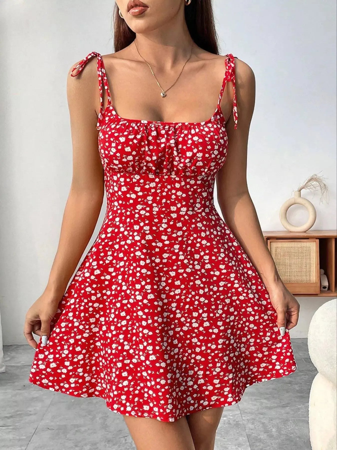 Floral Print Tie Strap Mini Dress Simply Love