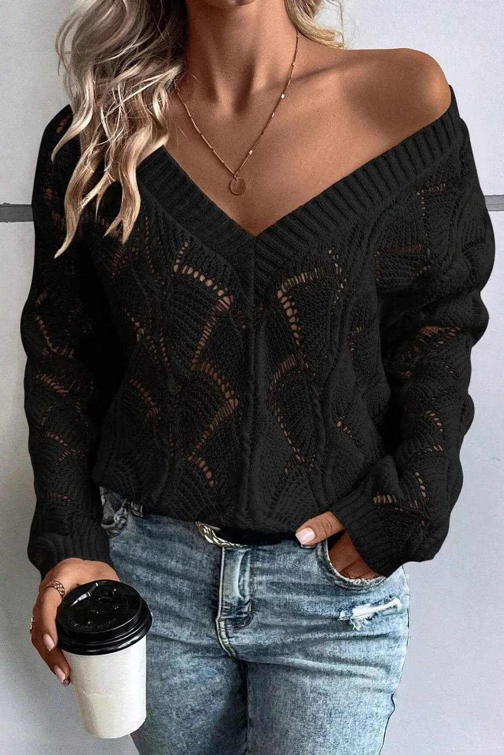 Openwork V-Neck Long Sleeve Sweater.