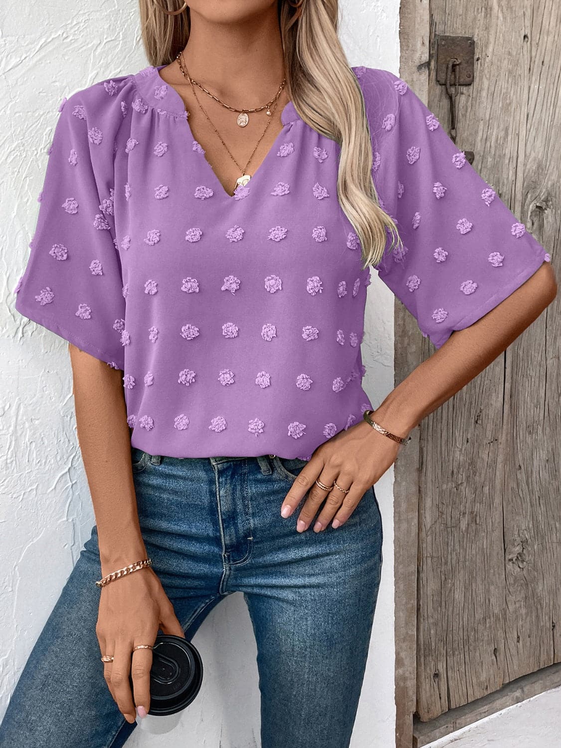 Swiss Dot Notched Half Sleeve Blouse.