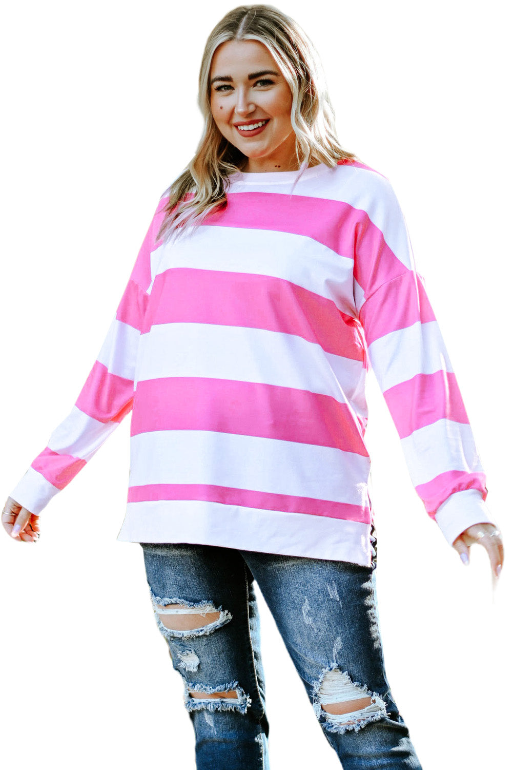 Chic pink striped plus size sweatshirt with stylish side slits