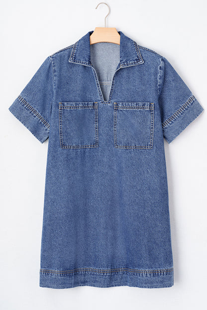 Blue Denim Mini Dress with Short Sleeves and Collared Neckline Featuring Patched Pockets