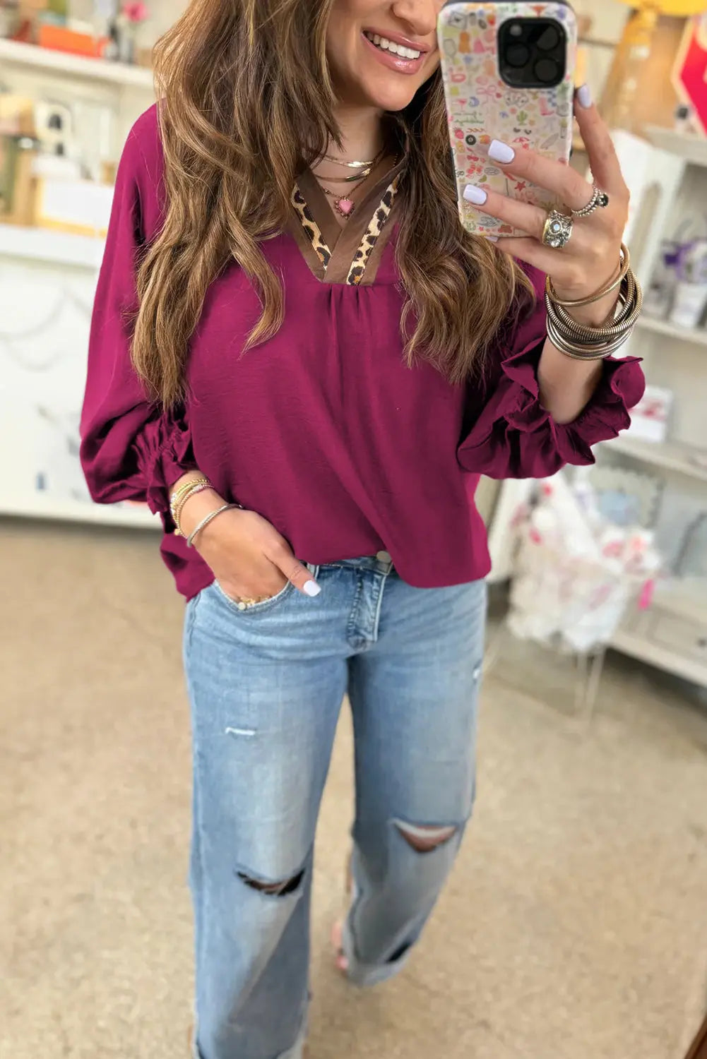 Violet Leopard Trim V Neck Flounced Bracelet Sleeve Blouse Dear-Lover Dropshipping