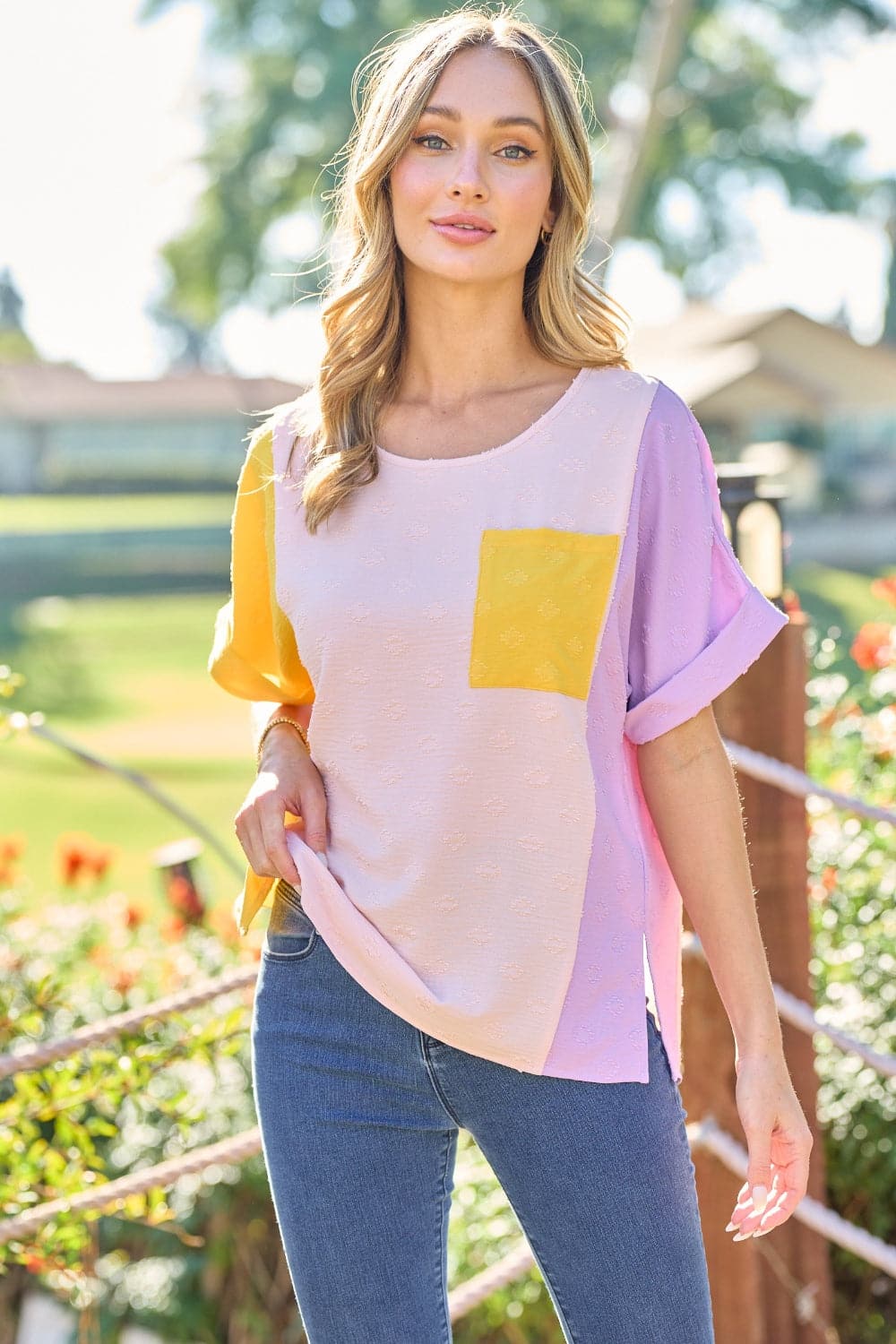 Hailey & Co Full Size Color Block Short Sleeve Top.