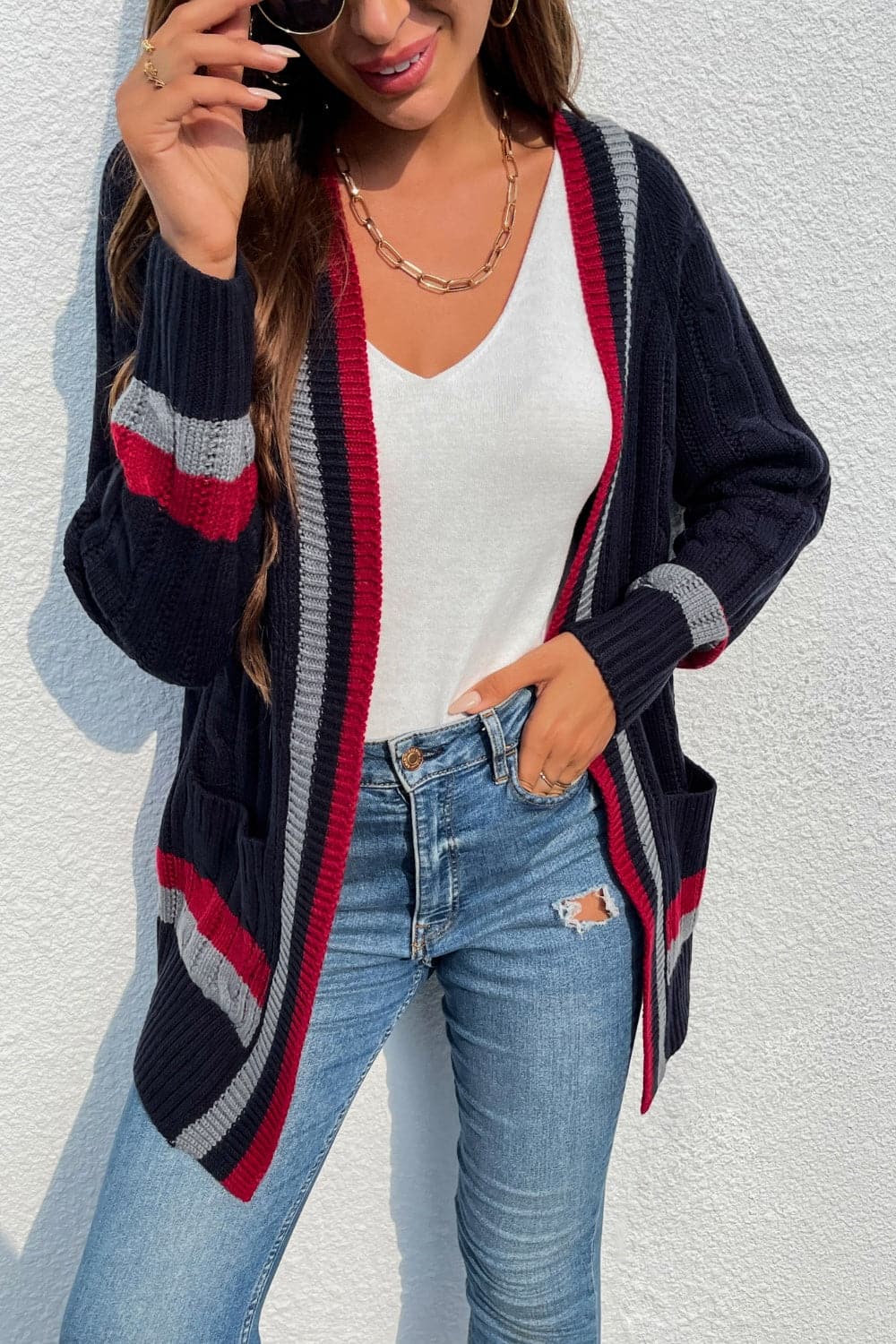 Open Front Striped Long Sleeve Cardigan.