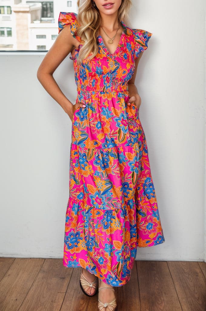 Printed V-Neck Cap Sleeve Pocketed Midi Dress.