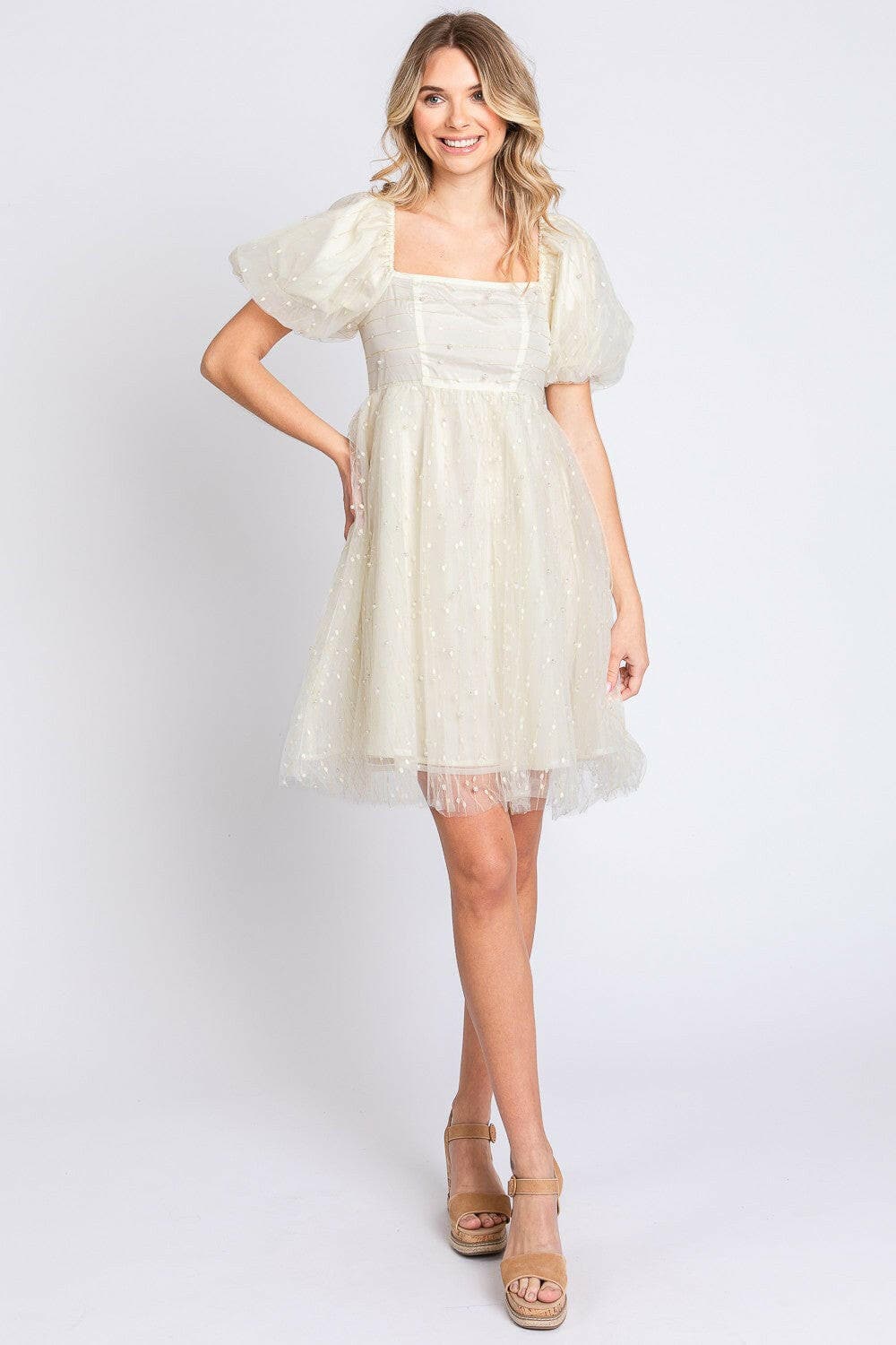 Enchanting Pearl Mesh Puff Sleeve Babydoll Dress by GeeGee.