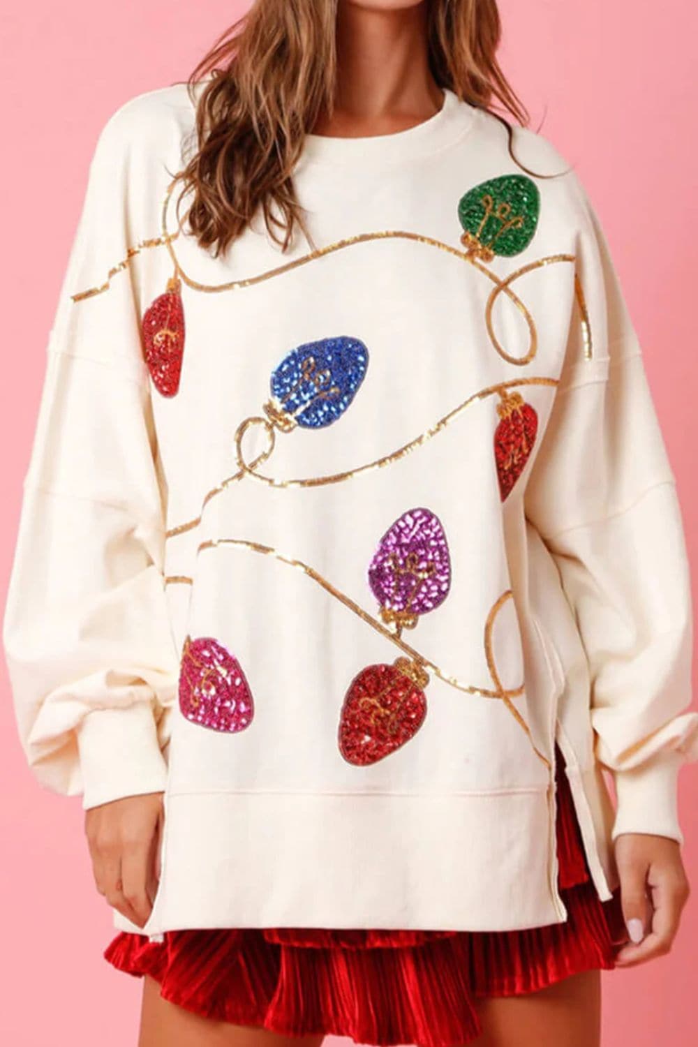 Slit Sequin Round Neck Sweatshirt.