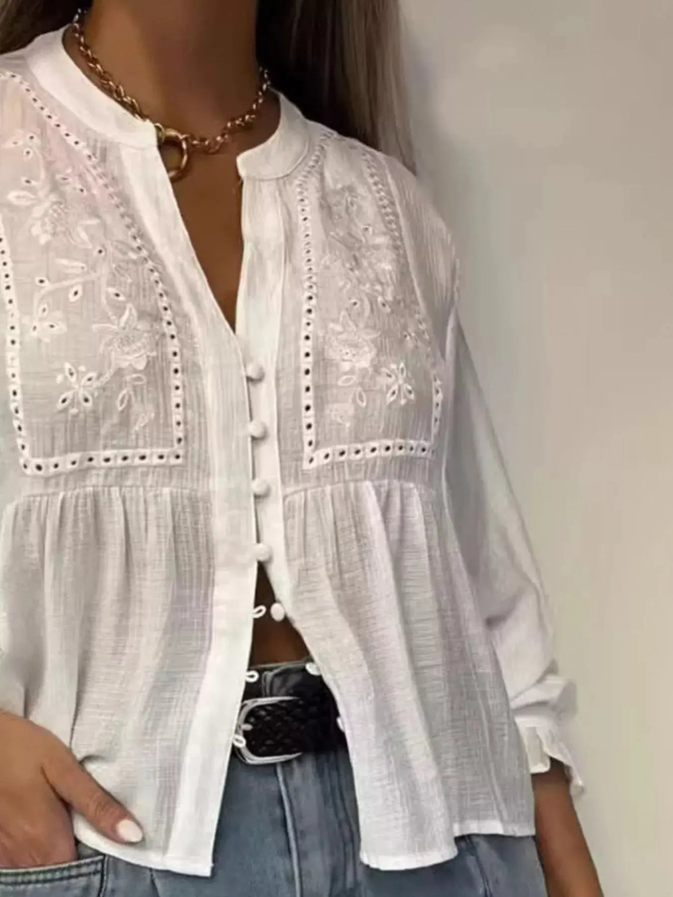 Embroidered Detail Button-Down Shirt Simply Love
