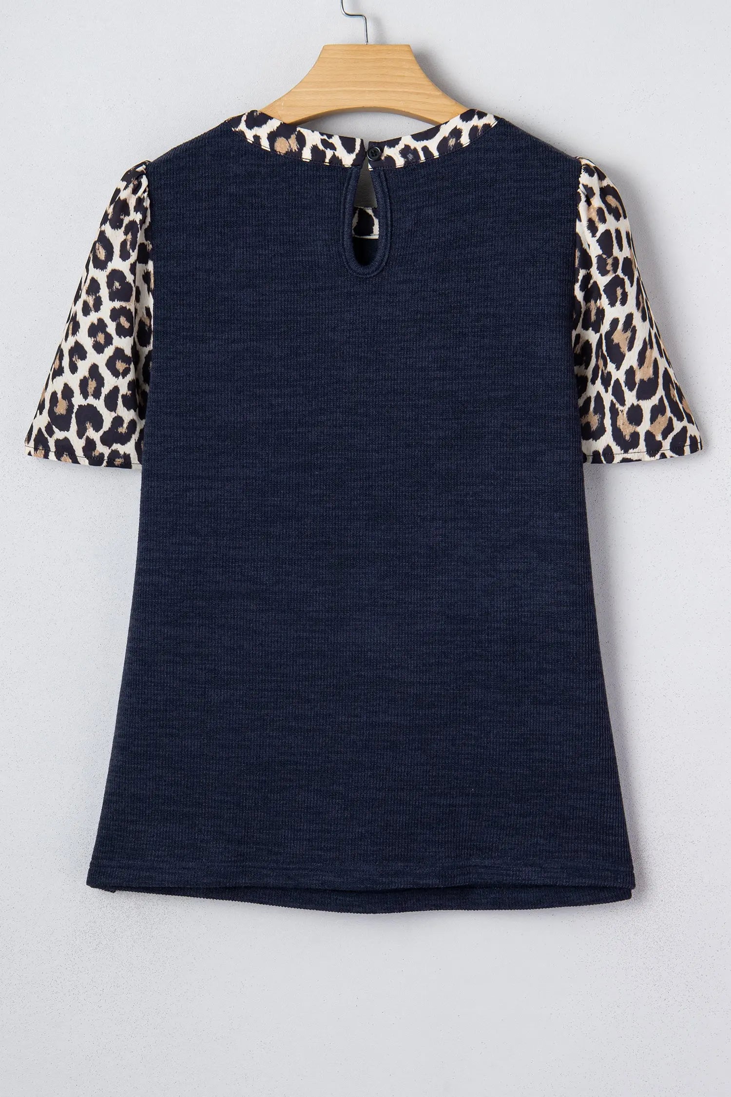 Navy Blue Ribbed Patchwork Leopard Short Sleeve Top For Women Dear-Lover Dropshipping