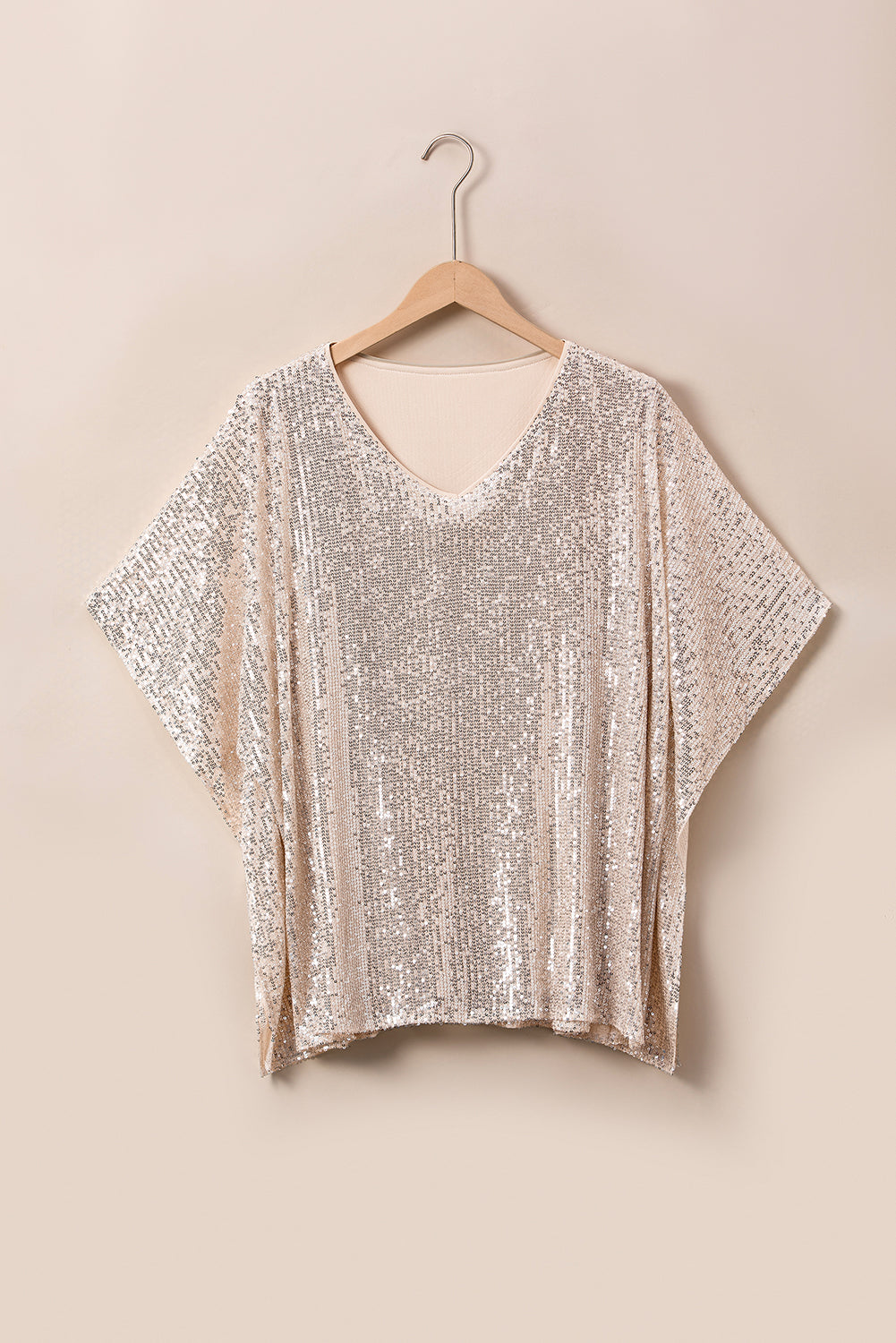 Sparkling apricot plus size V neck boxy top with sequined elegance