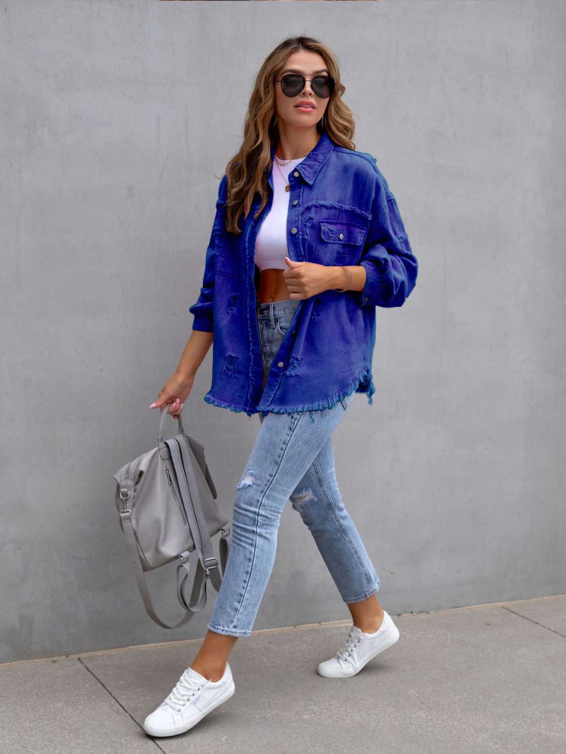 Distressed Drop Shoulder Denim Jacket Coco’s Tee Boutique