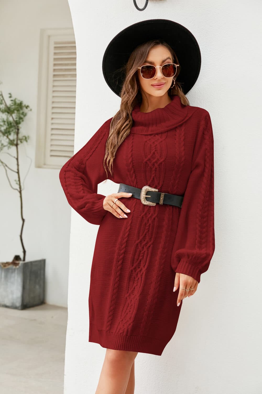 Woven Right Mixed Knit Turtleneck Lantern Sleeve Sweater Dress.