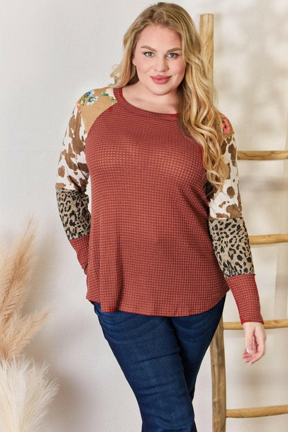 Hailey & Co Full Size Leopard Waffle-Knit Blouse.