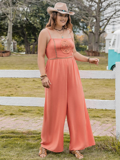 Plus Size Lace Detail Spaghetti Strap Wide Leg Jumpsuit.