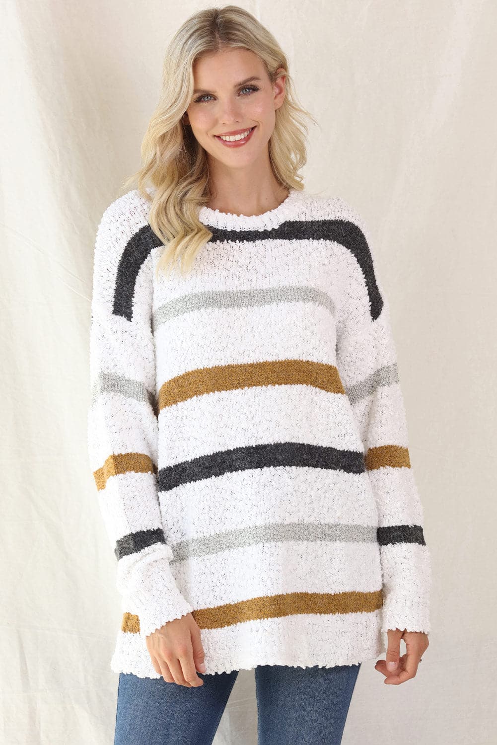 Striped Round Neck Long Sleeve Sweater.