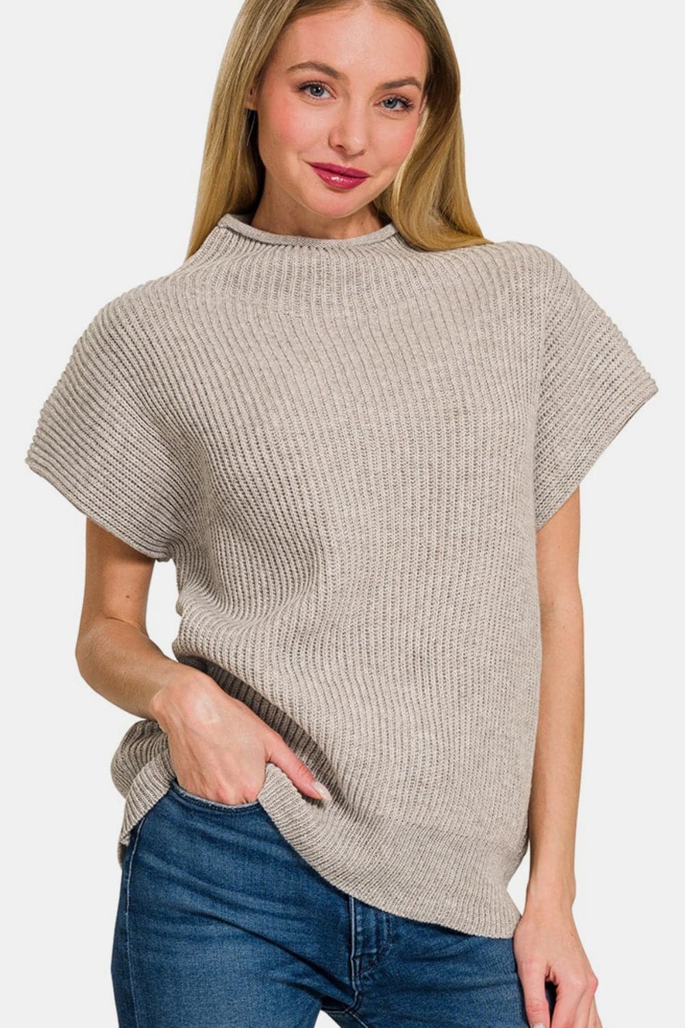 Zenana Short Sleeve Mock Neck Sweater.