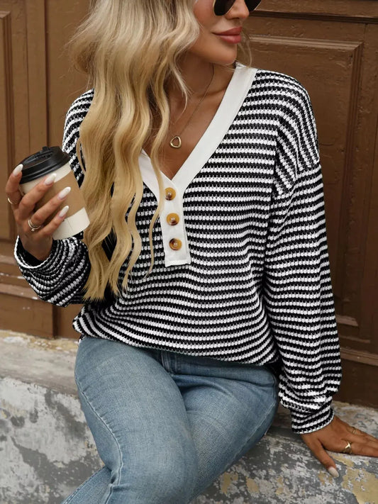 Striped Button Detail Long Sleeve T-Shirt Simply Love