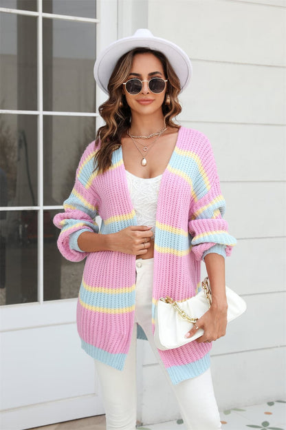 Color Block Ribbed Dropped Shoulder Open Front Cardigan.