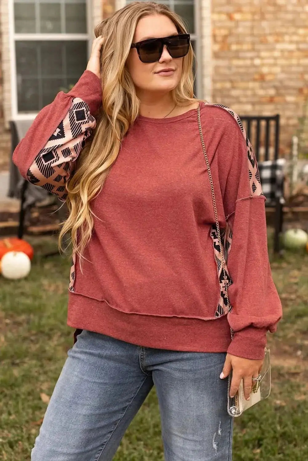 Plus Size Geometric Round Neck Long Sleeve Sweatshirt - Love Salve 