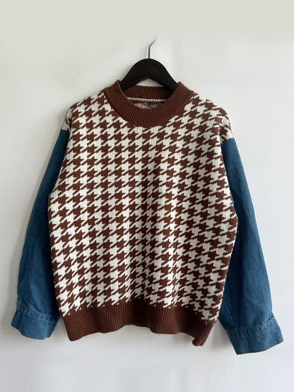 Houndstooth Denim Sleeve Sweater.