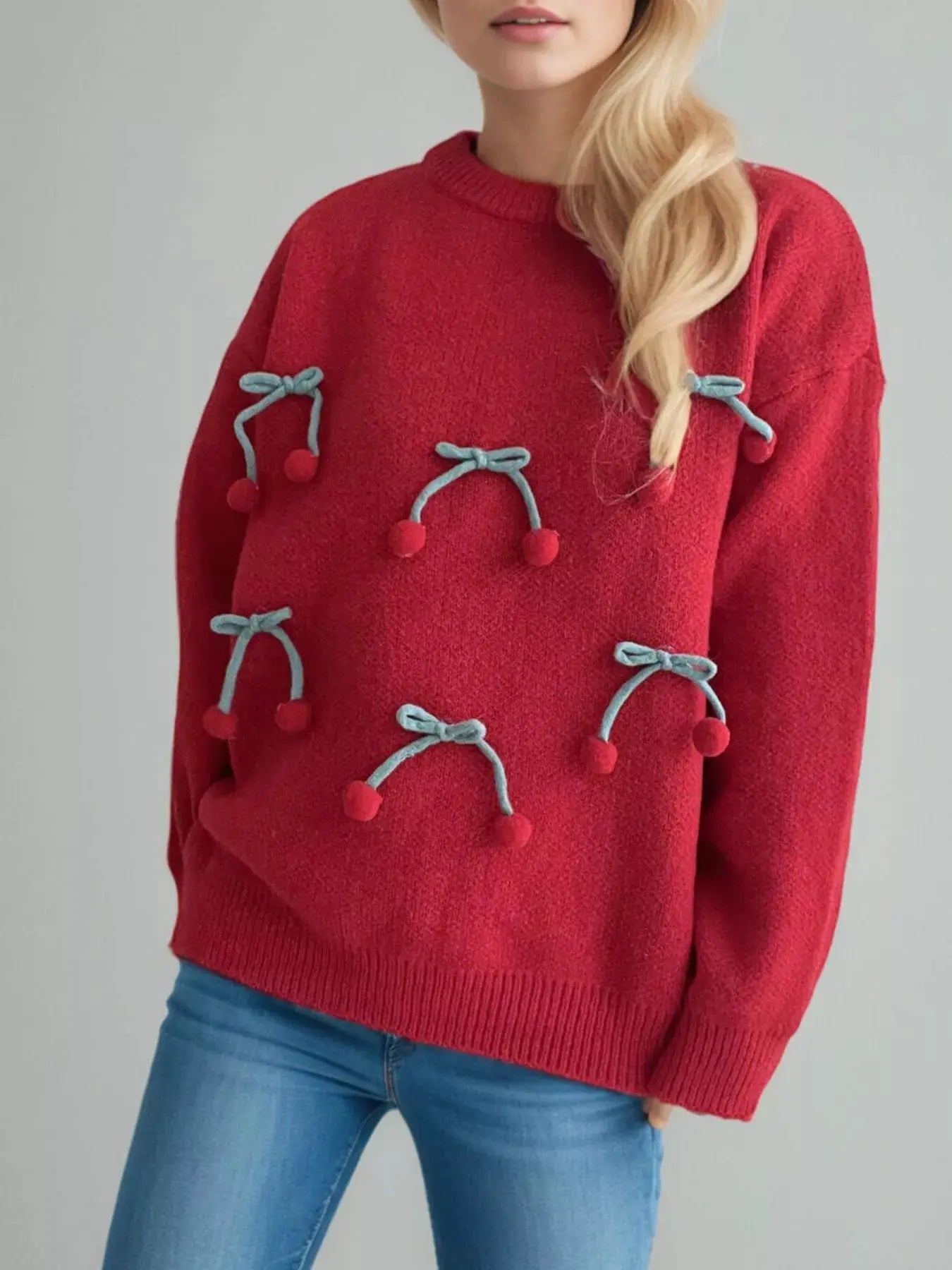 Cherry Pom-Pom Knit Round Neck Sweater Simply Love