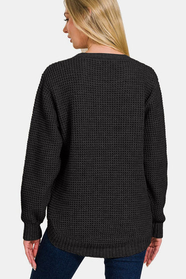 Zenana High Low Long Sleeve Waffle Sweater.