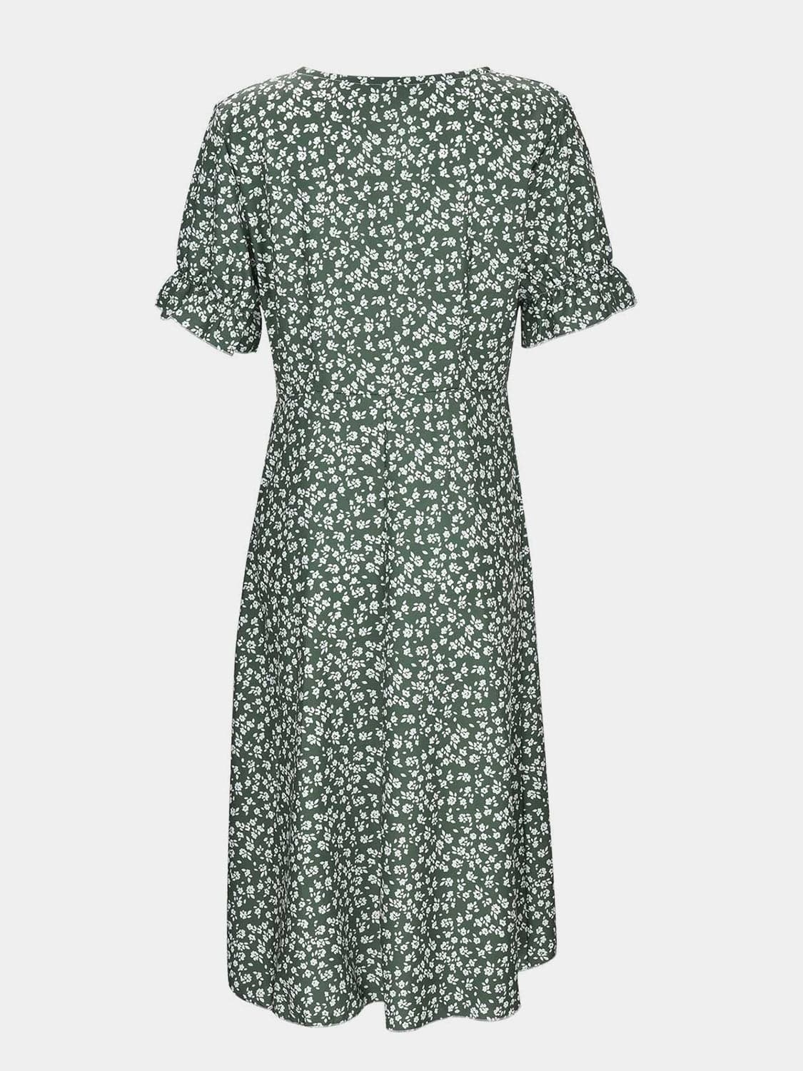 Full Size Printed Surplice Flounce Sleeve Midi Dress.