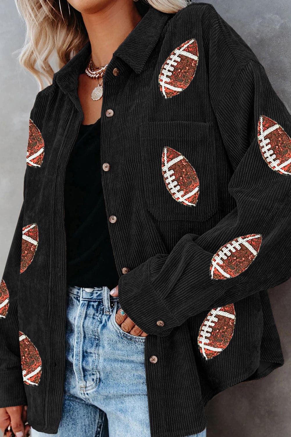 Sequin Football Button Up Long Sleeve Jacket.