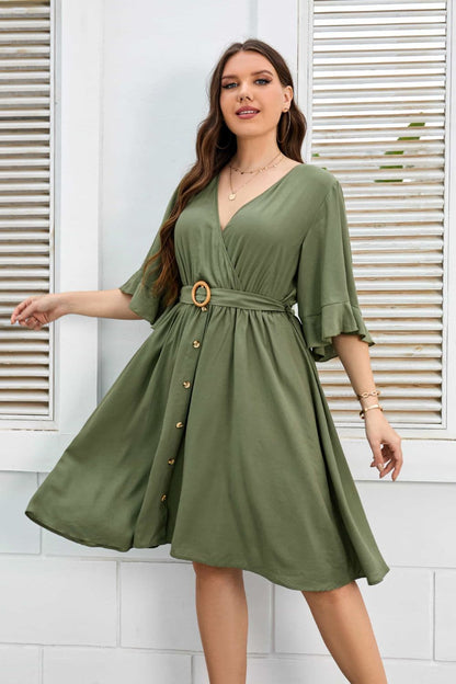 Plus Size Surplice Neck Half Sleeve Dress.