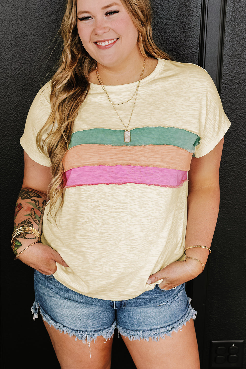 Chic white color block patchwork tee for plus sizes