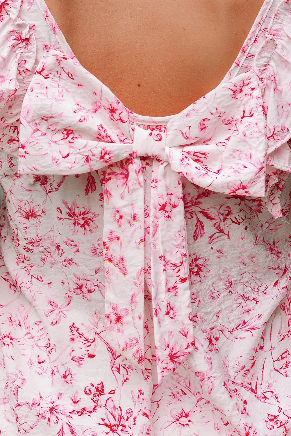 Pink Floral Ruffled Short Sleeve Bow Back Square Neck Blouse Love Salve