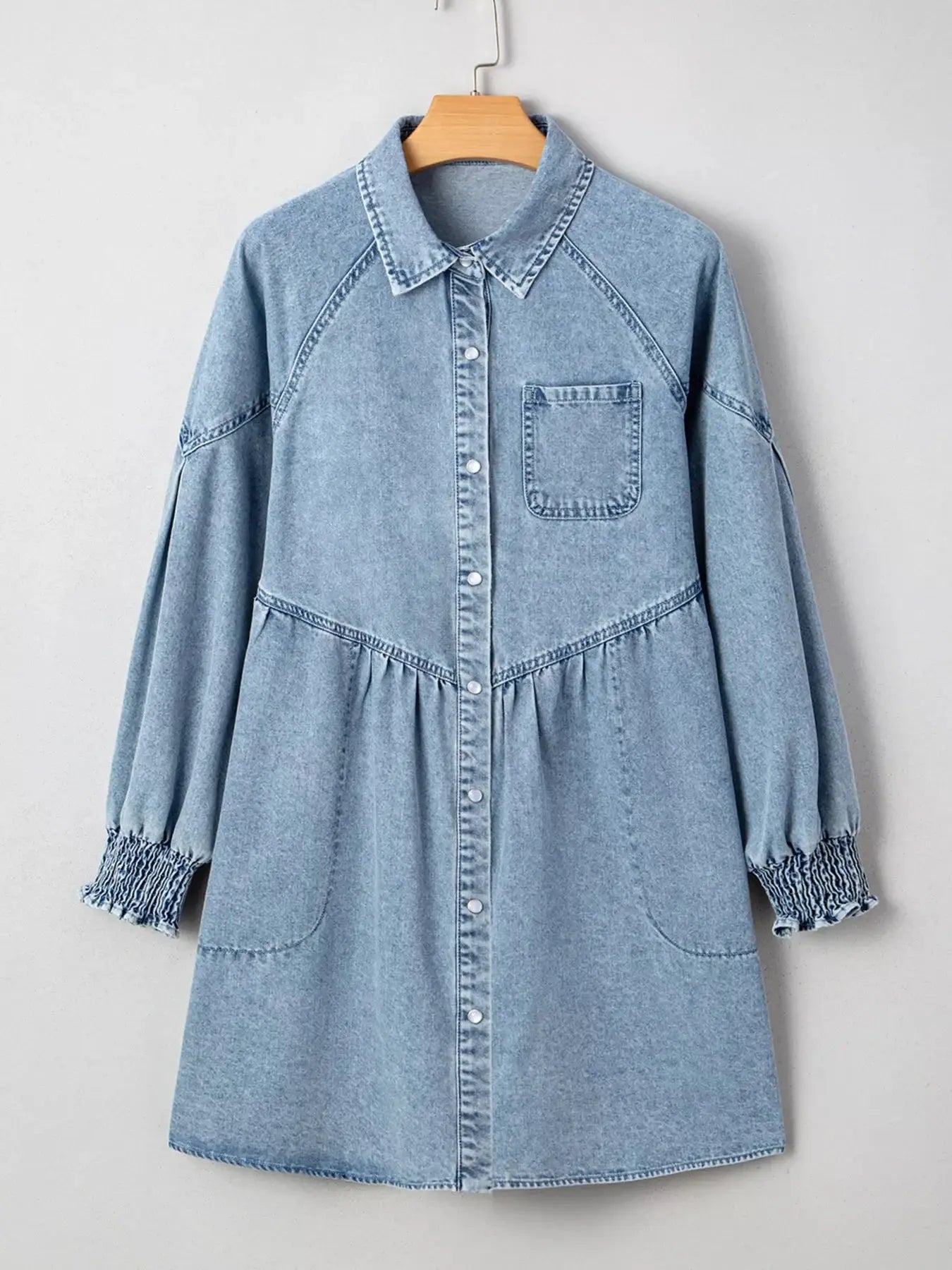 Smocked Cuffs Flared Denim Shirt Mini Dress Simply Love