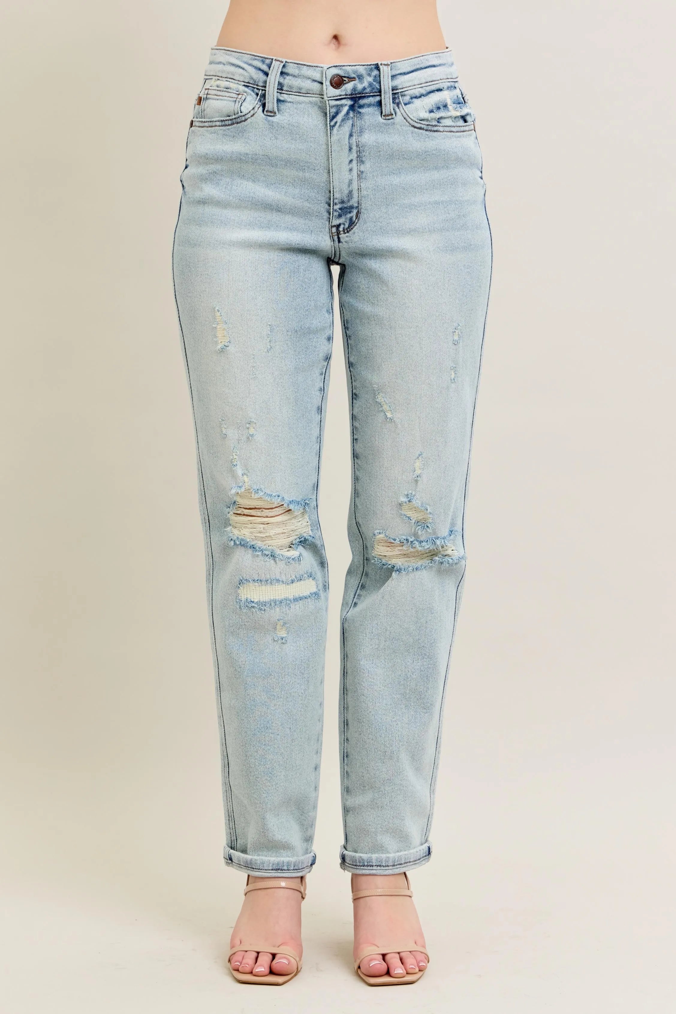 Judy Blue Plus Size Full Size Mr Repair Stitch Detail Destroyed Boyfriend Jeans - Love Salve 