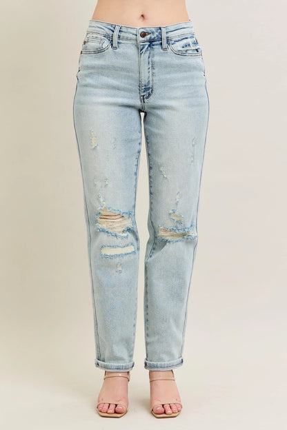 Judy Blue Plus Size Full Size Mr Repair Stitch Detail Destroyed Boyfriend Jeans - Love Salve 