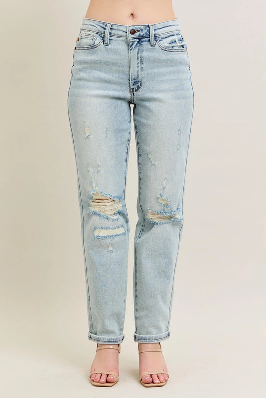 Judy Blue Plus Size Full Size Mr Repair Stitch Detail Destroyed Boyfriend Jeans - Love Salve 