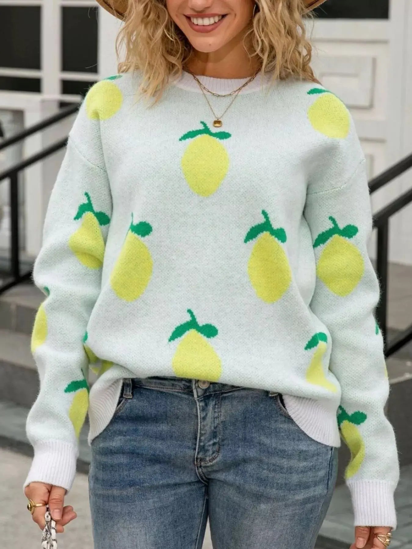 Lemon Crew Neck Round Neck Sweater Simply Love